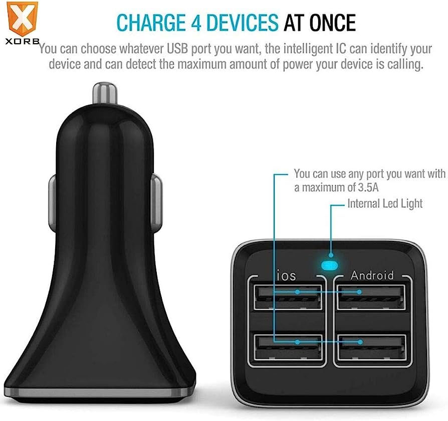 XORB® PowerBolt Car Charger | 4 USB | Smart 3.4A Car Charger (Jet Black)