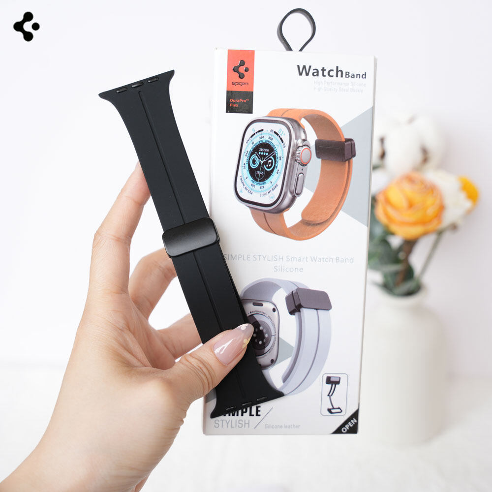 Spigen Magnetic Folding Buckle Soft Silicone Strap for Apple Watch Ultra Series 7 6 5 4 Replacement Sport Watch Band for Apple Watch 45mm 44mm 41mm 40mm Soft Liquid Silicone Band