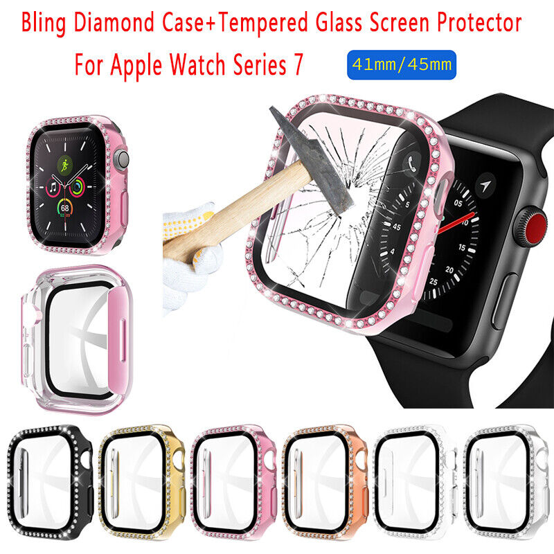 (2 in 1) spigen diamond tempered glass touch silvery  for Waterproof Apple Watch Bling Case Series 8 Series 7 45mm Screen Protector