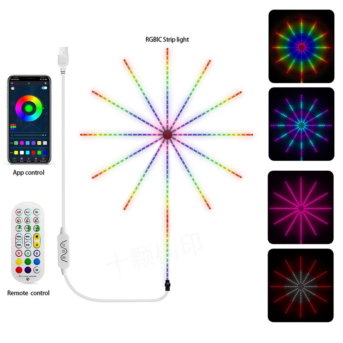 APP smart control IC LED RGB fireworks light strip with remote control 5V USB