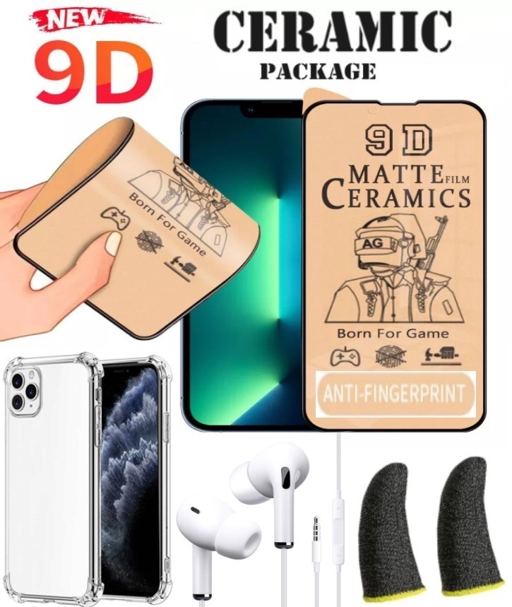 Ceramic package (9D matte screen protection + transparent cover + earphones + anti-perspirant fingers)