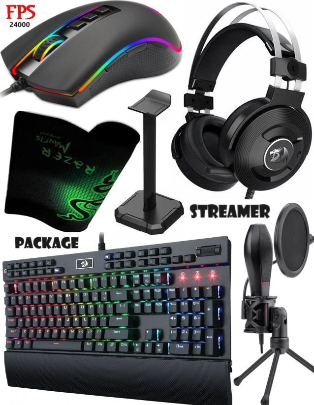 Streamer Package (Yama Mechanical Keyboard + Triton Surround Gaming Headset + Cobra FPS Mouse + Quasar2 Stream Microphone + Mouse Pad + Regular Headphone Stand)