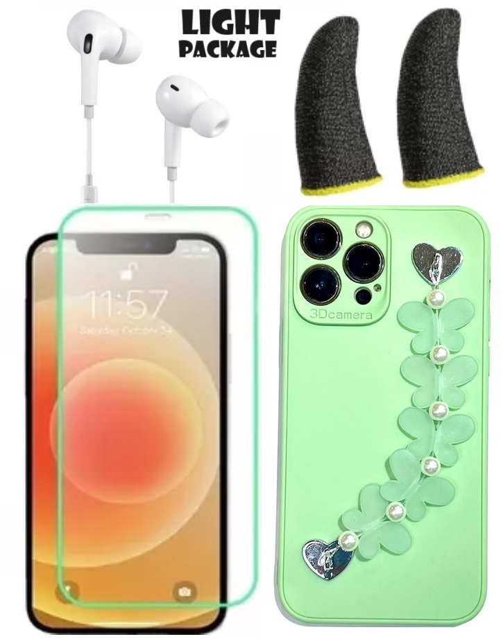 Light package (soft butterfly leather cover with distinctive hand strap + luminous glass protection + earphone + anti-perspirant fingers)