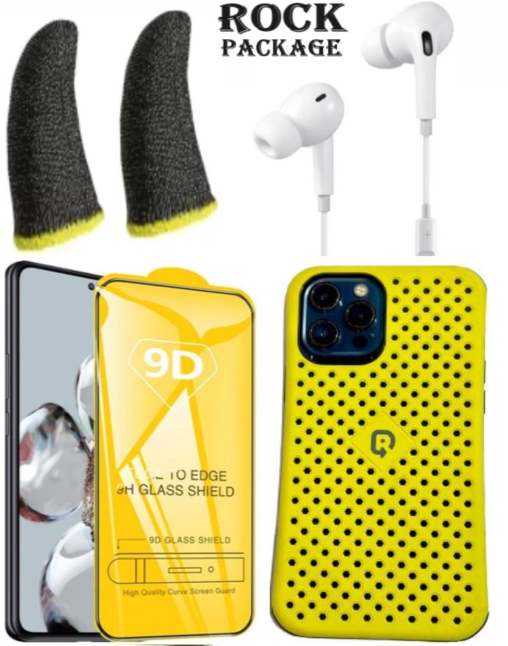 ROCKE Package (durable, shock-resistant dotted colored cover + 9D curved glass protection on all sides + new and advanced S6 earphones + anti-sweat cloth touch fingers)