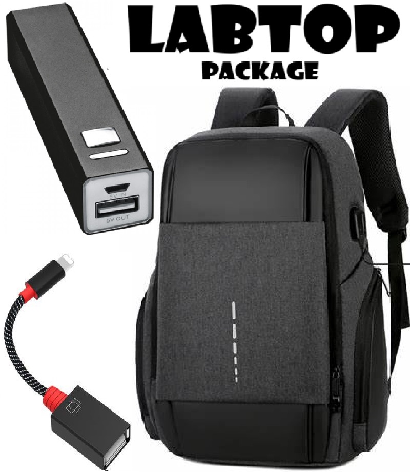 لابتوب بكج ( KAKA حقيبة مقاومة للماء مع USB ومنفذ صوت + باور بانك أصلي 2800 مللي امبير + تحويلة كابل OTG SX-53 ايفون متعدد الوظائف )