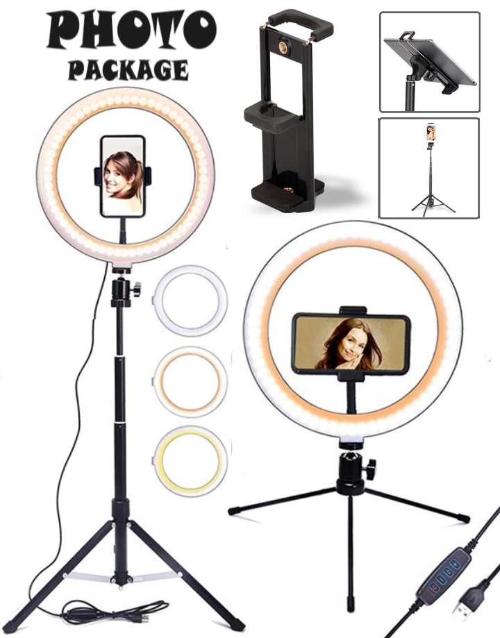 Photo Package (8-inch ring light with three-color control and brightness levels + adjustable and rotating 2.1-meter tripod stand + universal phone tablet stand)