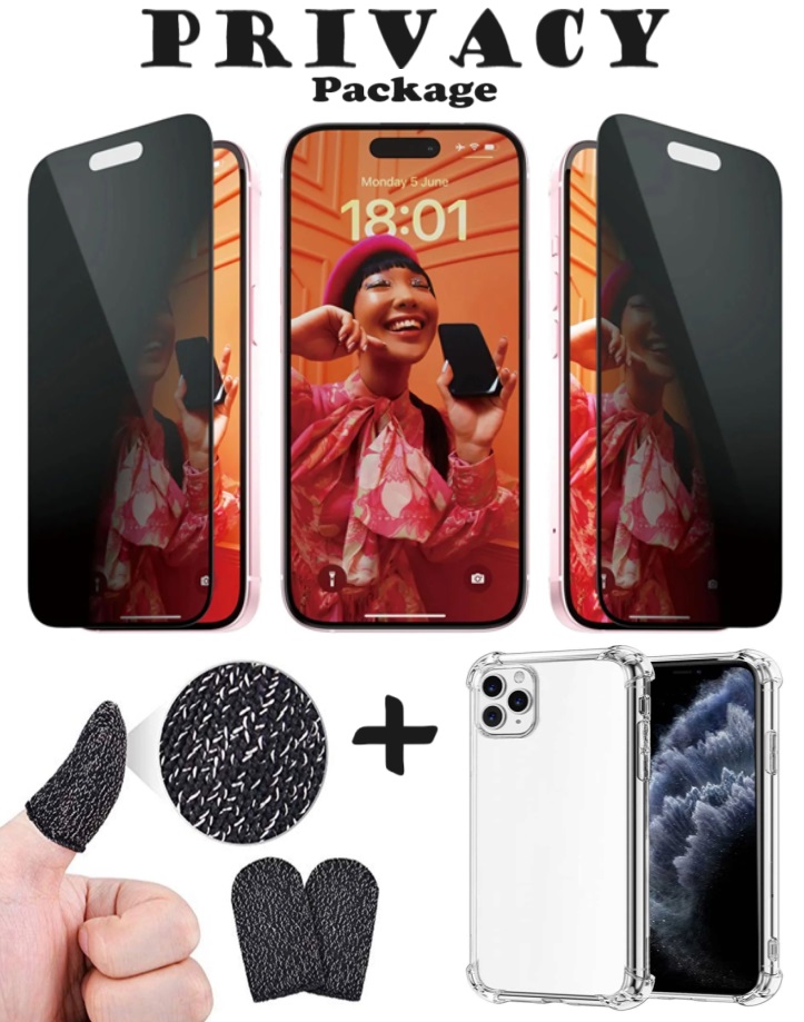 Privacy package (screen protection for complete privacy + durable, transparent mobile cover with corner support + anti-perspirant touch fingers fabric)