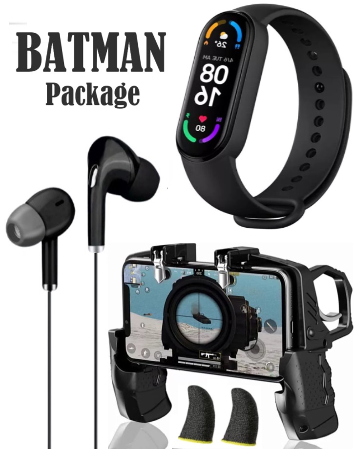 Batman Package (M6 sports smart watch for fitness tracking + K21 portable gaming controller for PUBG / Call of Duty / Fortnite + new and advanced S6 earphone + touch fingers anti-sweat cloth)