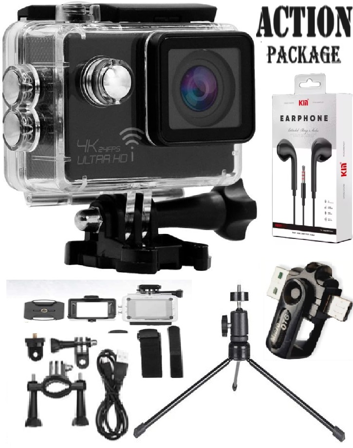 Action Package (Full HD 1080P action camera + tripod + new and advanced S6 earphone + anti-sweating fabric touch fingers + multiple memory card adapter, USB 2.0)