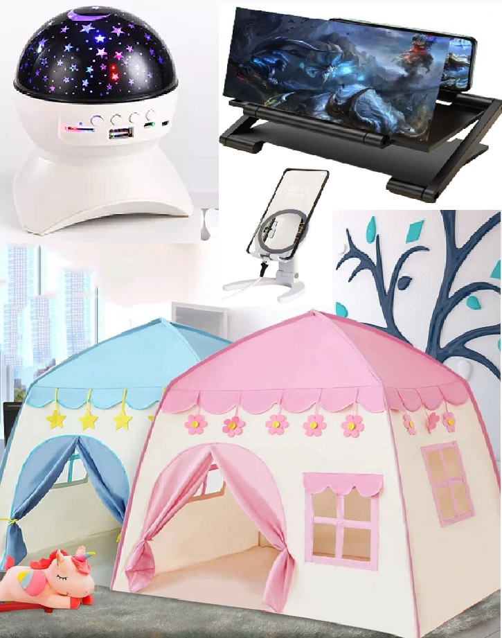 (Princes tent + Bluetooth speaker with star lighting and Ramadan crescent + mobile stand with mirror + speaker with stand)