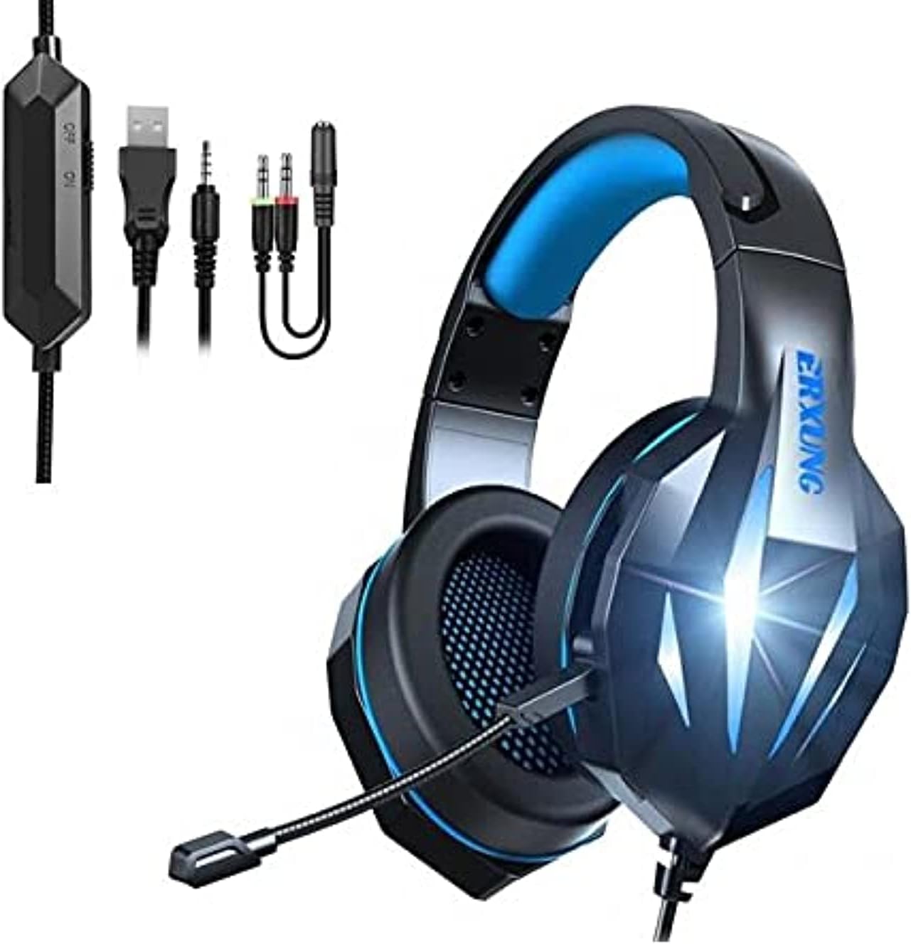 Erxung J5 LED light Gaming Surrounding Headset With Noise Cancelation Microphone USB With 3.55mm Jack For PC & Playstation - Black/Blue, Wired Headphones Headset