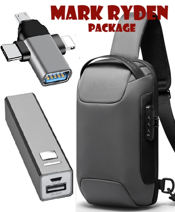 Mark Redden Package (Anti-Theft & Waterproof Crossbody Bag with USB Password Lock + Original Power Bank 2800mAh + 2x1 OTG SD T-flash Memory Card Reader Adapter + Charging Cable)