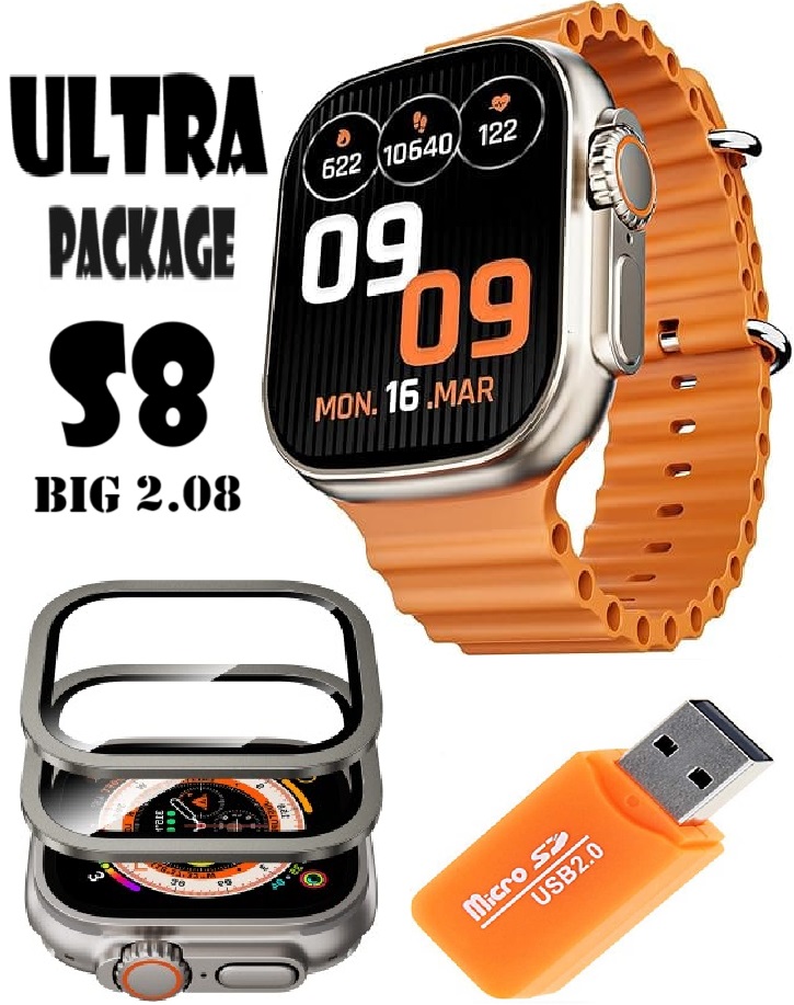 الترا بكج ( S8 Ultra Max الساعة الذكية نسخه عن الاصل + تحويلة بطاقات الذاكرة متعددة ، USB 2.0 + حماية شاشة الساعة الذكية زجاجية 9H حجم 49 مم  )