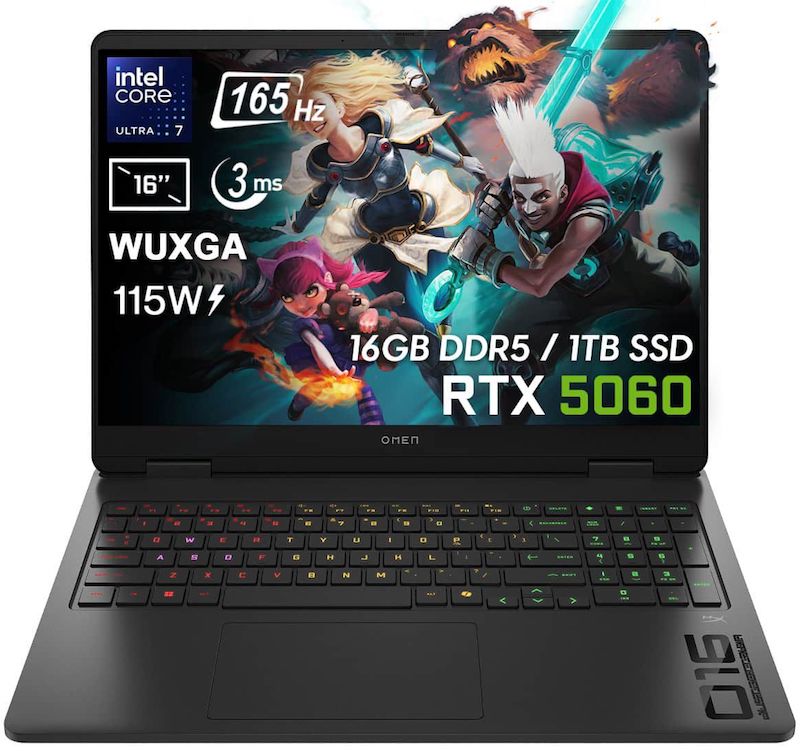 HP OMEN 16 Slim – كرت شاشة NVIDIA GeForce RTX 5060 بسعة 8 جيجا - معالج Intel Core Ultra 7-255H - ذاكرة 16 جيجا DDR5 - تخزين 1 تيرابايت SSD - شاشة 16 بوصة FHD IPS بتردد 165 هرتز ونظام Windows 11 - لابتوب 